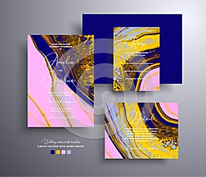 Modern set of wedding invitations with stone texture. Agate vector cards with marble effect and swirling paints, purple