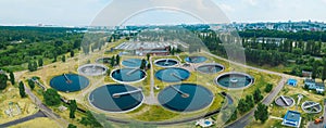 Modern sewage treatment plant, aerial view from drone