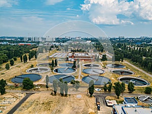 Modern sewage treatment plant, aerial view from drone