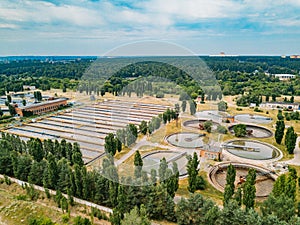 Modern sewage treatment plant, aerial view from drone