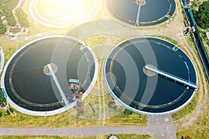 Modern sewage treatment plant, aerial view from drone