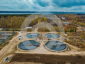 Modern sewage treatment plant, aerial view from drone