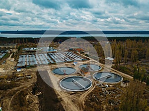 Modern sewage treatment plant, aerial view from drone