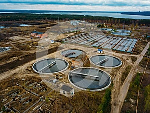 Modern sewage treatment plant, aerial view from drone