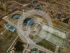 Modern sewage treatment plant, aerial view from drone