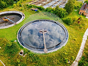 Modern sewage treatment plant, aerial view from drone