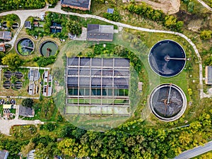 Modern sewage treatment plant, aerial view from drone