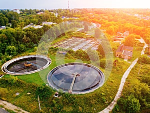 Modern sewage treatment plant, aerial view from drone