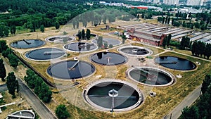 Modern sewage treatment plant, aerial view from drone