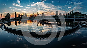 Modern sewage treatment plant. Round wastewater purification tanks at sunset