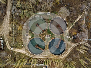 Modern sewage treatment plant, top view from drone