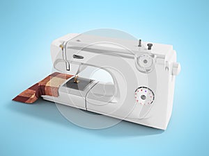 Modern sewing machine with material for seamstresses white perspective 3D render on a blue background