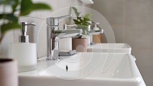 Modern Shared Bathroom with Double Sinks and Chrome Faucets â AI Generated Content