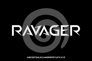 Modern sharp ravager sans serif alphabet display font vector. Extreme sports typeface