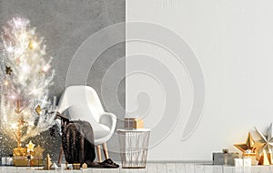 Modern shining Christmas interior with chair, Scandinavian style