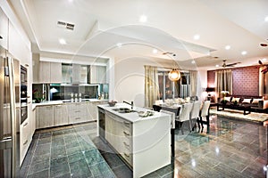 Modern and shiny kitchen with dining and living area