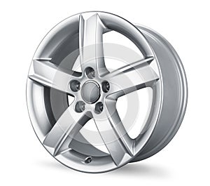 Modern shiny silver metallic alloy aluminum car rim isolated white background. automotive part indurstry transportation concept