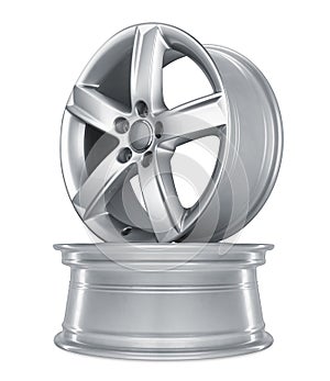 Modern shiny silver metallic alloy aluminum car rims stack isolated white background. automotive part indurstry transportation