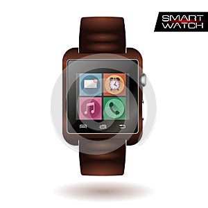 Modern shiny smart watch with leather bracelet app icons on white