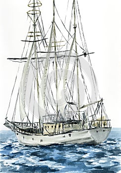 Modern ship-rigged sailboat schooner on sea