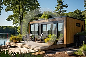 Modern shipping container house home, tiny house near lake in sunny day. Shipping container houses is sustainable, eco