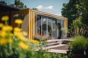 Modern shipping container house home, tiny house in sunny day. Shipping container houses is sustainable, eco-friendly