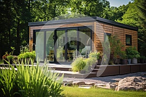 Modern shipping container house home, tiny house in sunny day. Shipping container houses is sustainable, eco-friendly