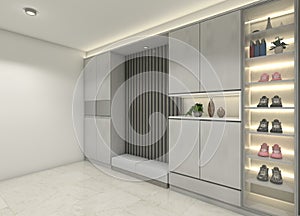 Modern Shoe Display and Storage with White Furnish and Lighting Decoration