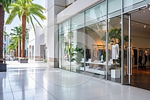 Modern shopping area with palm trees, large reflective windows, and fashion store window