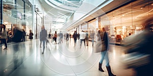 A modern shopping center with a deliberately blurred view of the shop windows.