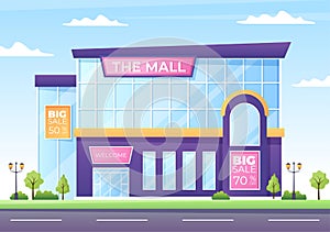 Modern Shopping Mall Building Background Illustration with Exterior and Various Shops Inside in Flat Style Design