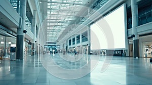 Modern Shopping Mall Interior with Large Blank Advertisement Screen. Generative ai