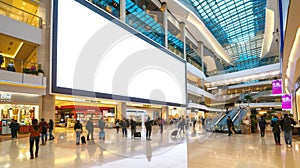 Modern Shopping Mall Interior with Large Blank Advertisement Screen. Generative ai