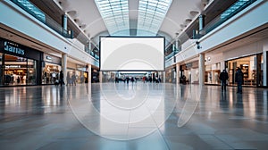 Modern Shopping Mall Interior with Large Blank Advertisement Screen. Generative ai