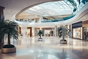 Modern Shopping Mall Interior with Spacious Atrium and Palm Trees.