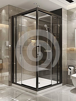 modern shower in bathroom with glass door and tile wall.