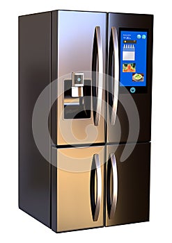 Modern side by side Stainless Steel Smart Refrigerator touch screen. Isolated on a White Background