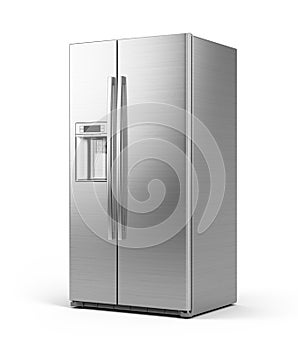 Modern side by side Stainless Steel Refrigerator . Fridge Freezer Isolated on a White Background