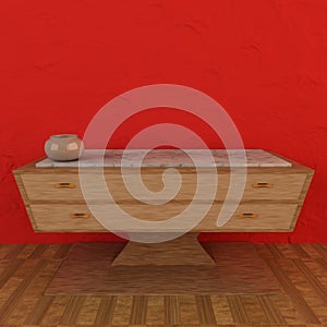 Modern sideboard with red stuco background