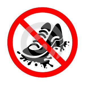 Modern sign, icon prohibiting walking in dirty street shoes. Black sole or grange foot. Sneakers, Running shoes. Vector