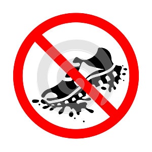 Modern sign, icon prohibiting walking in dirty street shoes. Black sole or grange foot. Sneakers, Running shoes. Vector