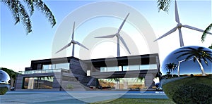 Modern silent wind turbines provide energy to a stylish country estate. The amount of electricity generated allows it to be sold