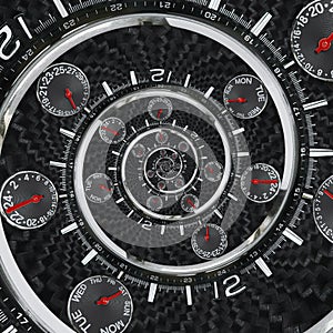 Modern silver black fashion clock watch red clock hands twisted to surreal time spiral. Surrealism clock black clock watch abstrac