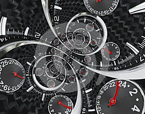 Modern silver black fashion clock watch red clock hands twisted to surreal time spiral. Surrealism clock black clock watch abstrac