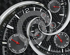 Modern silver black fashion clock watch red clock hands twisted to surreal time spiral. Surrealism clock black clock watch abstrac