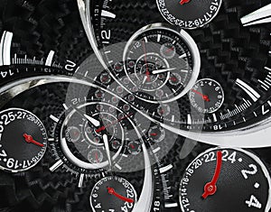 Modern silver black fashion clock watch red clock hands twisted to surreal time spiral. Surrealism clock black clock watch abstrac