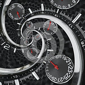 Modern silver black fashion clock watch red clock hands twisted to surreal time spiral. Surrealism clock black clock watch abstrac