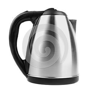 A modern silver kettle, isolated on a white background. The electric stainless steel kettle. Equipment for the house.