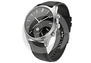 Modern silver smartwatch with black leather strap and dark dial isolated on white background