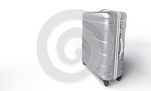 Modern silver suitcase standing on white background